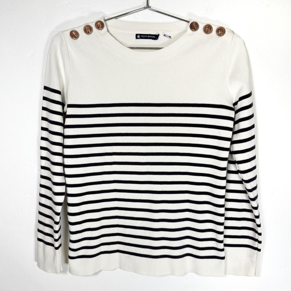 Petit Bateau Women's Small Striped Sweater Nautical Anchor Shoulder Buttons